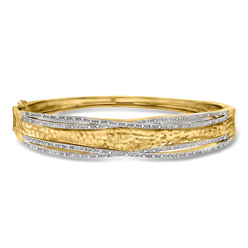 Diamond bangle bracelet in 18kt gold over sterling with textured center and wavy pavé accents