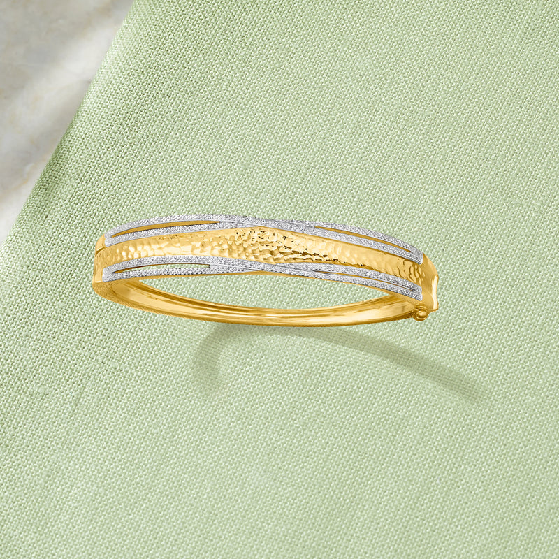Diamond bangle bracelet in gold over sterling with textured and polished band