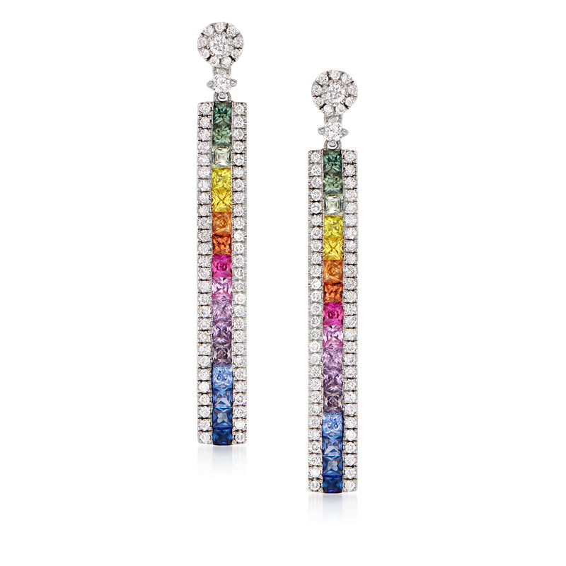 White gold linear drop earrings with multicolored sapphire bars and diamond accents