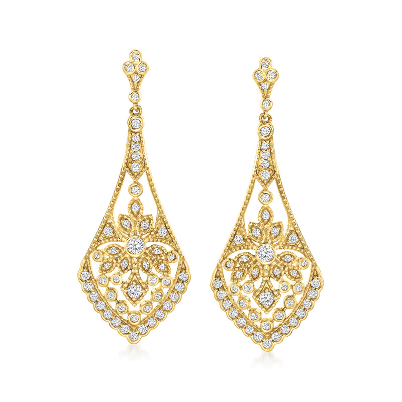 14k yellow gold diamond openwork drop earrings with dangling teardrop design