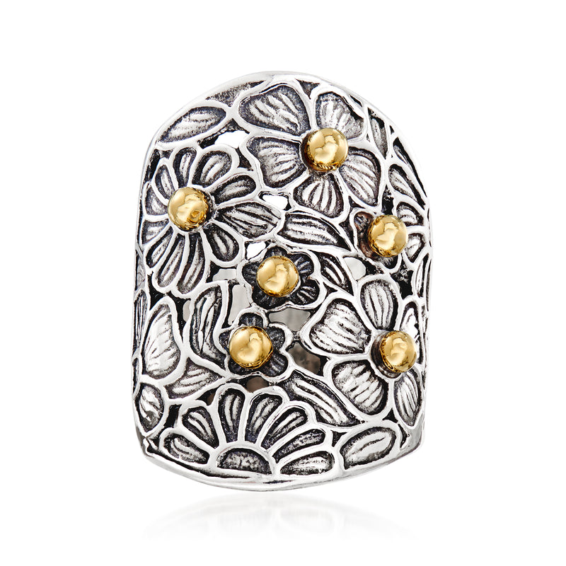 Sterling silver floral ring with five 14kt yellow gold flower accents