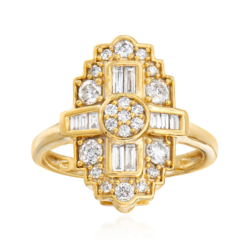 Gold diamond ring with oval center cluster, round halos, and baguette-style accents