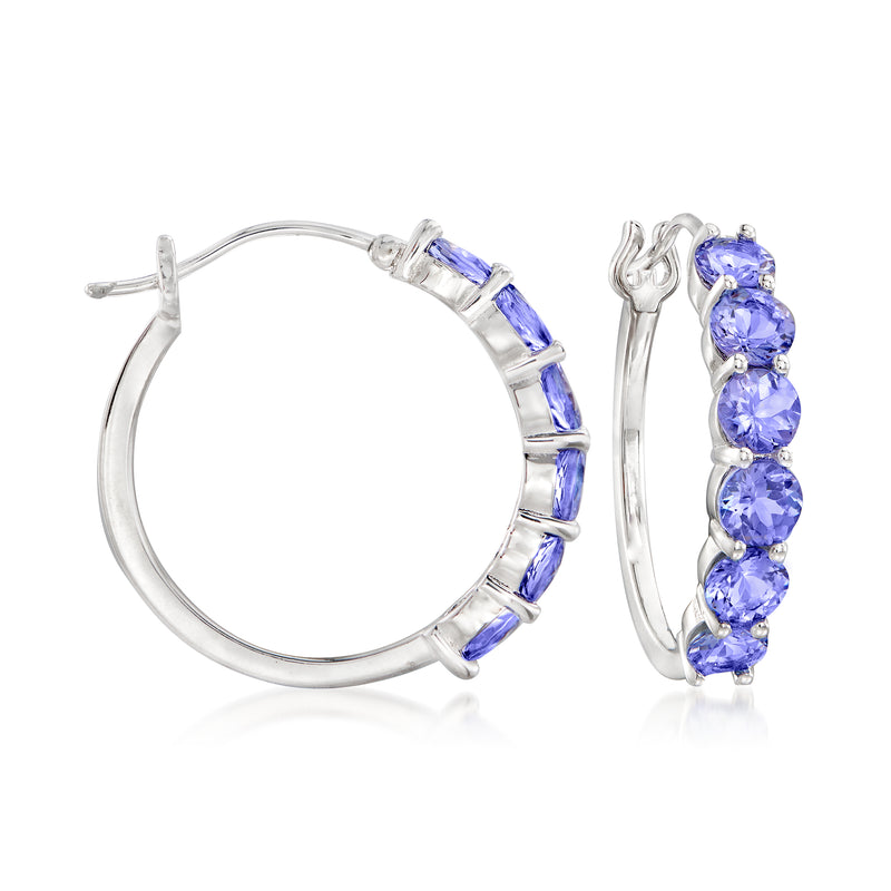 Sterling silver tanzanite hoop earrings, three oval blue stones on each hoop