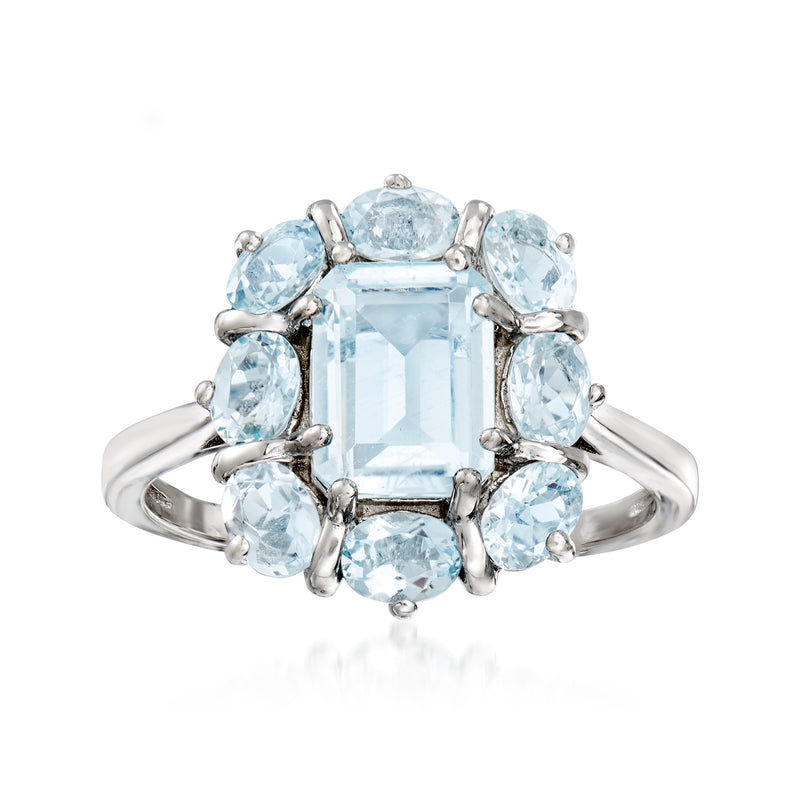 Sterling silver aquamarine ring with rectangular center stone and oval side stones