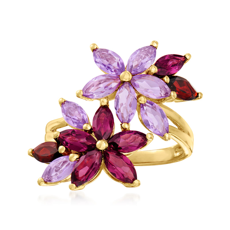 Gold-tone flower ring with purple and red marquise gemstones, open band