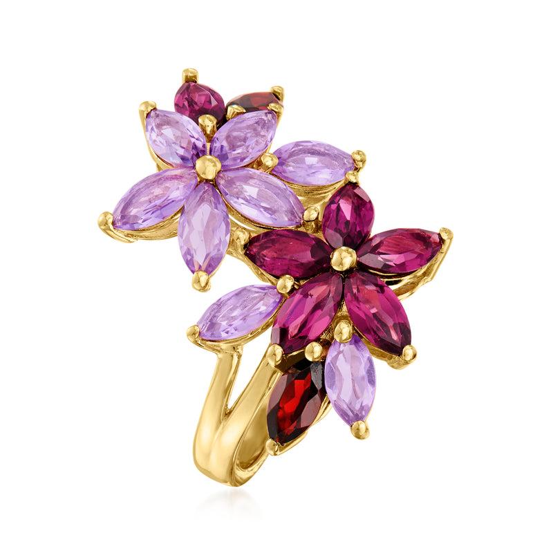 Gold-tone open-band flower ring with purple and magenta marquise gemstones, side view