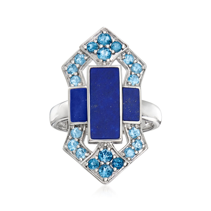Sterling silver ring with rectangular blue center stone and blue topaz halo accents