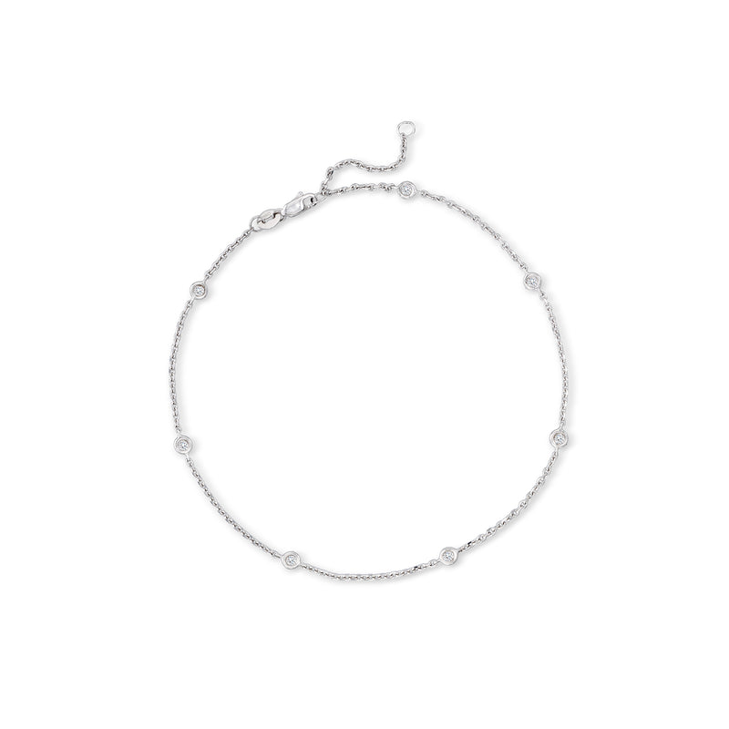 14kt white gold diamond bezel anklet with small round stones and lobster clasp