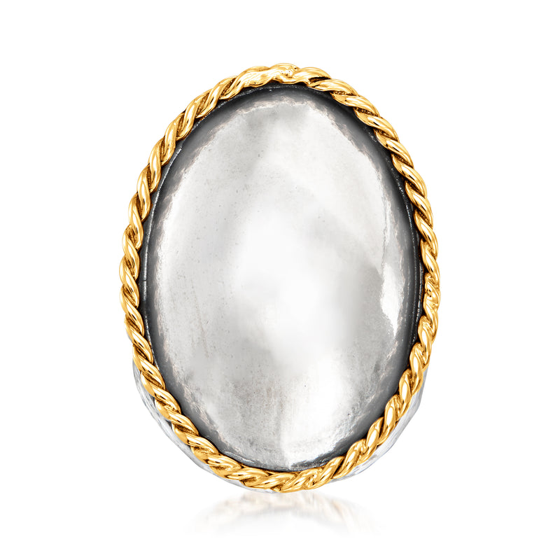 Personalized oval ring with twisted 14kt yellow gold rope edge and polished sterling silver bezel