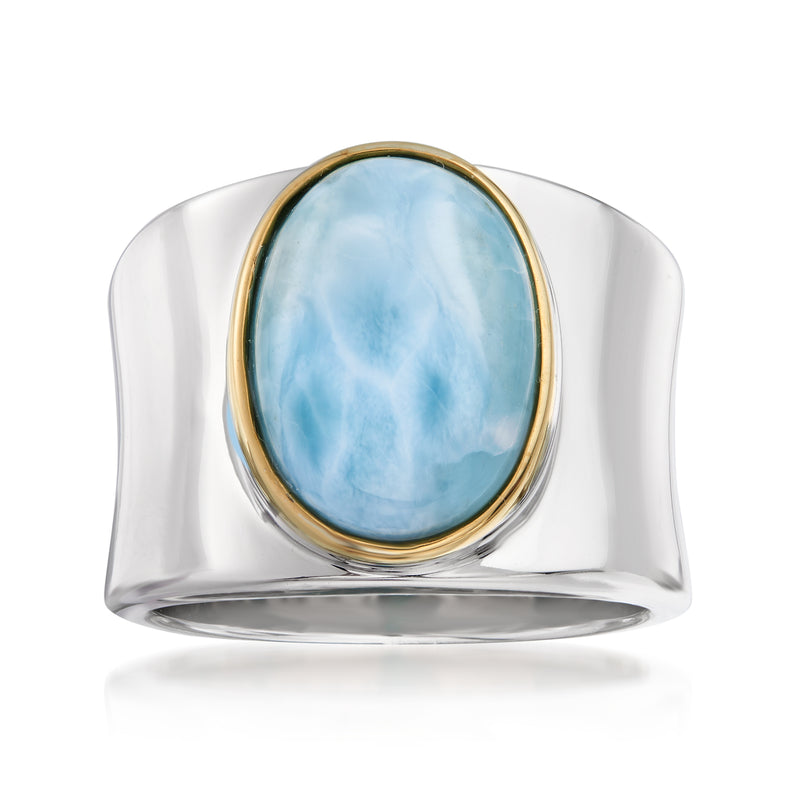Two-tone larimar ring with oval light-blue cabochon in gold bezel, sterling silver band