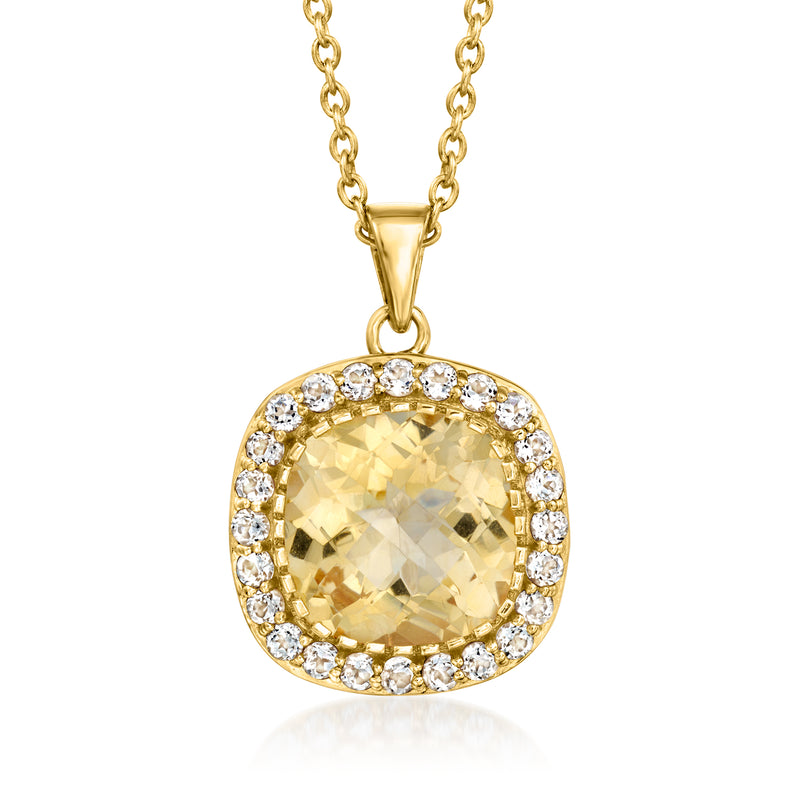 Gold-tone pendant necklace with oval citrine center and white topaz halo