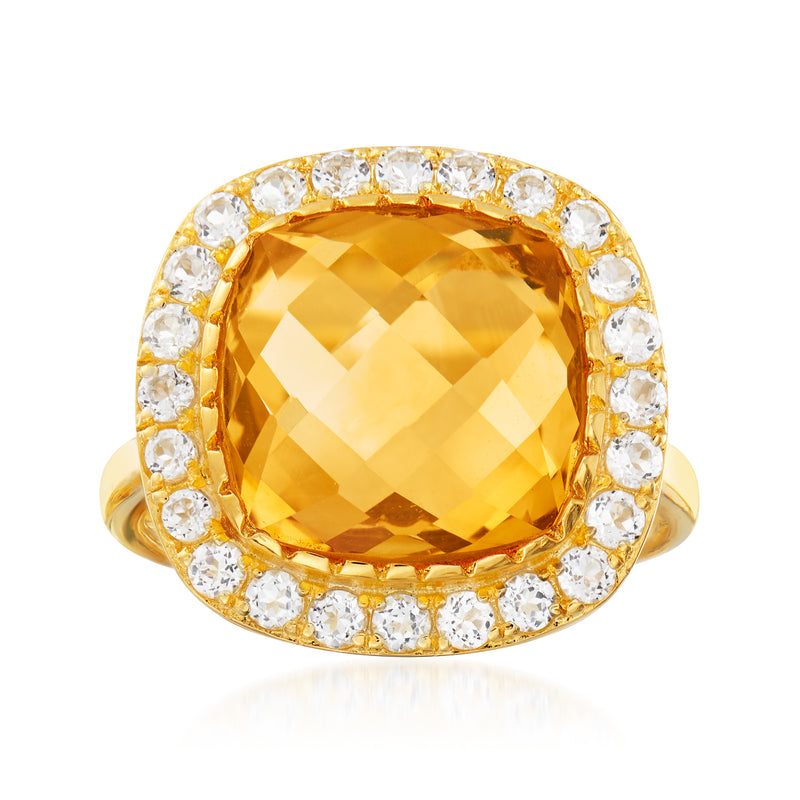 18kt gold over sterling ring with large citrine center stone and white topaz halo