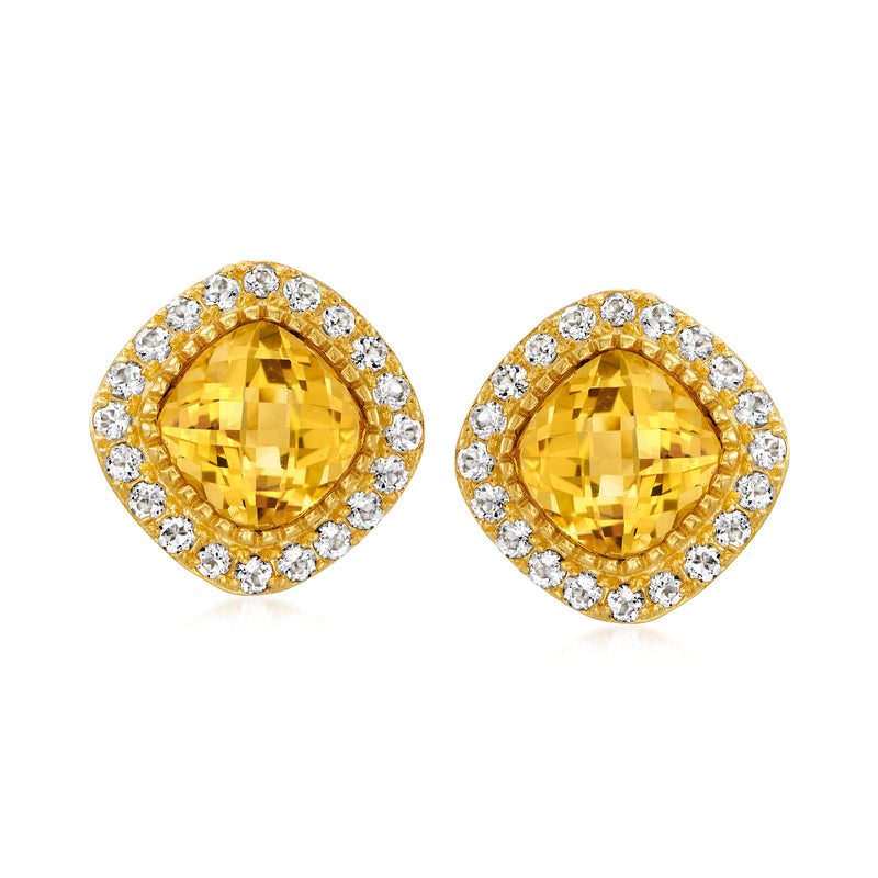 Gold over sterling stud earrings with oval citrine center and white topaz halo