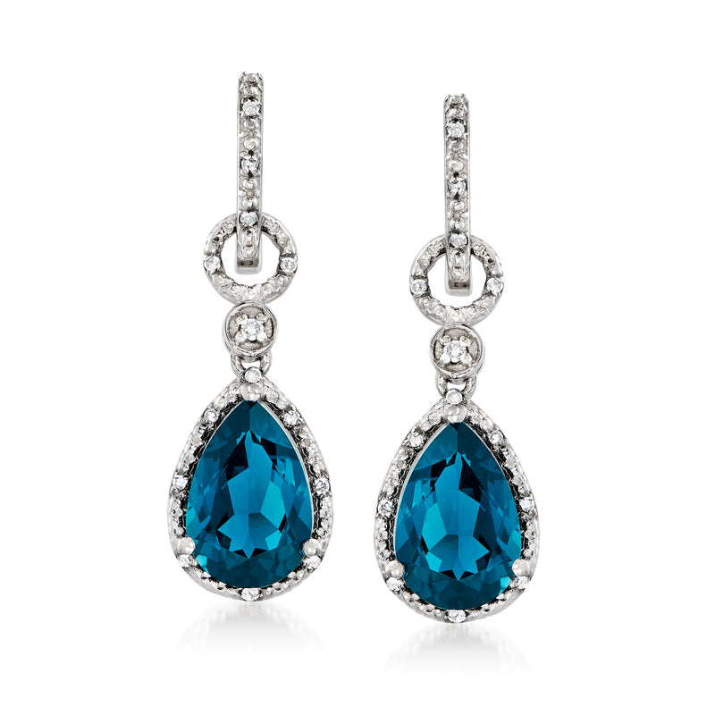 Sterling silver hoop drop earrings with blue teardrop topaz and diamond accents