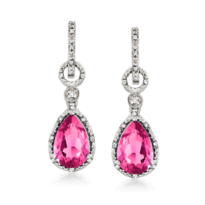 Sterling silver hoop drop earrings with faceted pink teardrop gemstone and diamond accents