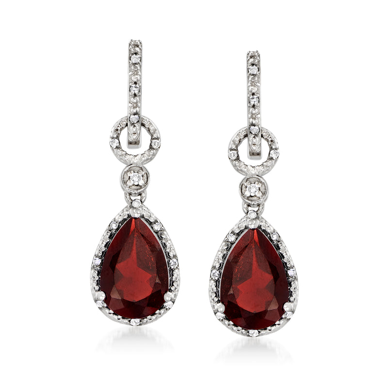 Sterling silver drop earrings with red pear-cut garnet and sparkling diamond accents