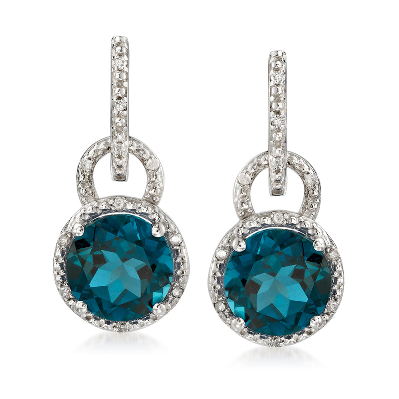 Sterling silver drop earrings with round London blue topaz and diamond accents
