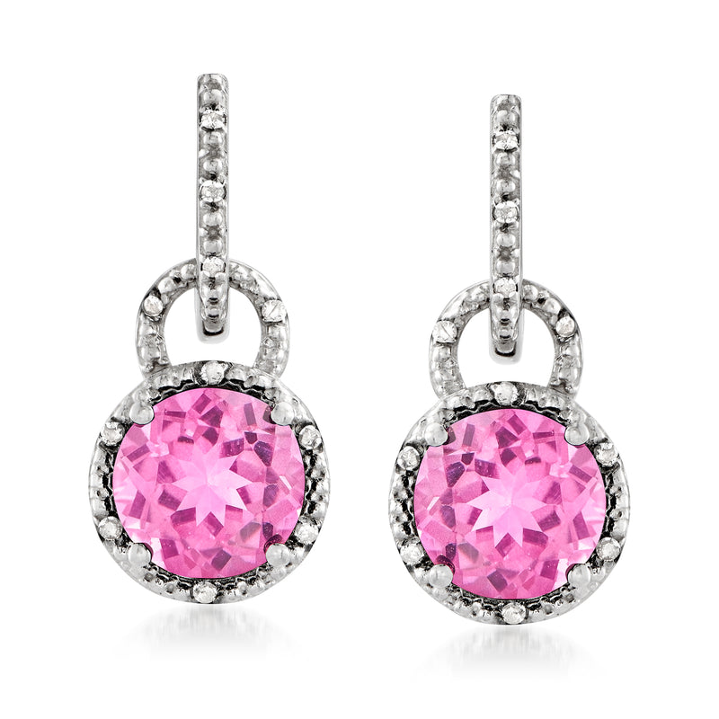 Sterling silver drop earrings with round pink topaz and diamond halo