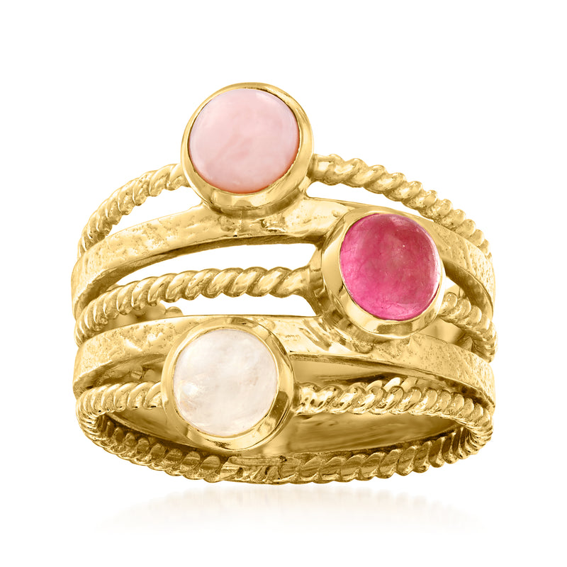 Gold-tone stacked ring with three oval pink and white stones, braided and bezel settings