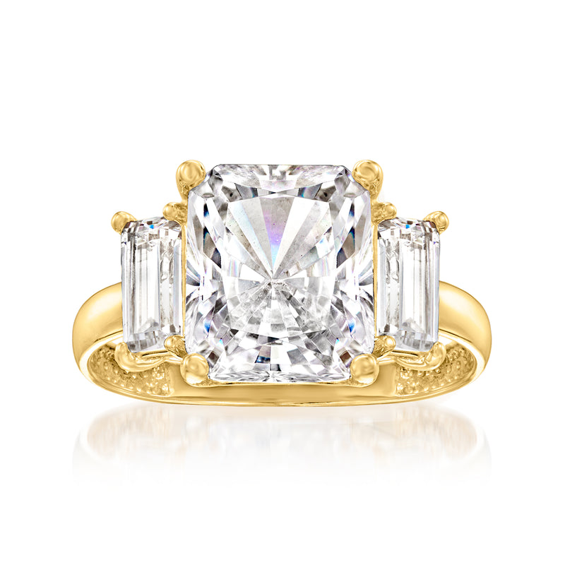 14kt yellow gold three-stone CZ ring: square center with baguette side stones