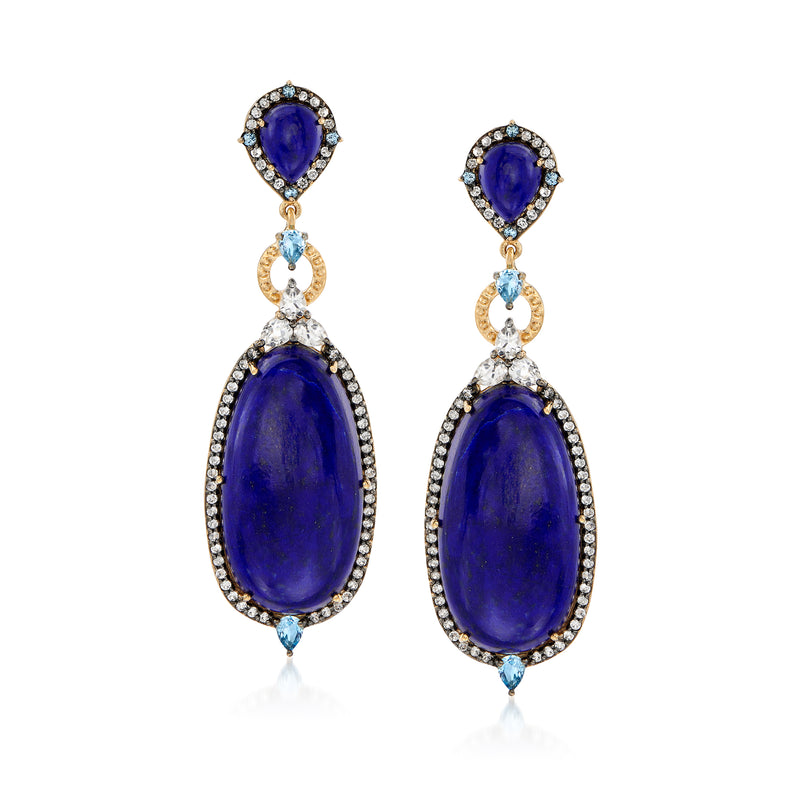 Blue teardrop drop earrings with oval blue gemstone and clear accents in gold-tone settings