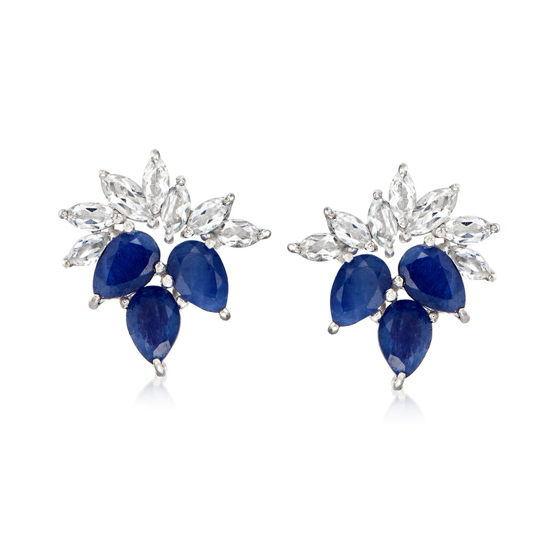 Sterling silver sapphire and white topaz stud earrings with blue teardrop and clear petal drops