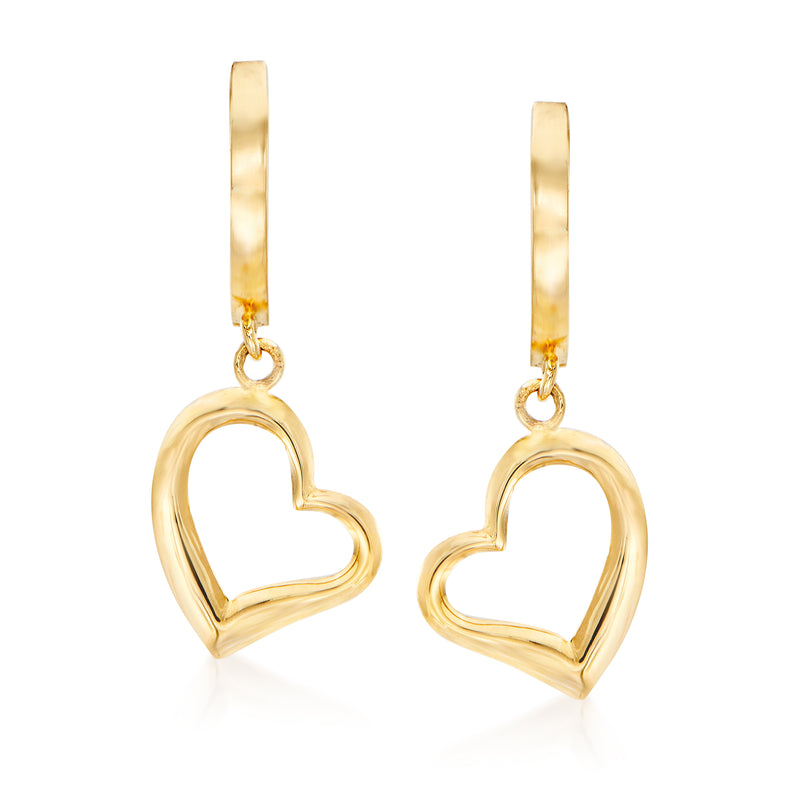 14kt yellow gold open-space heart drop earrings with hollow heart dangle, pair