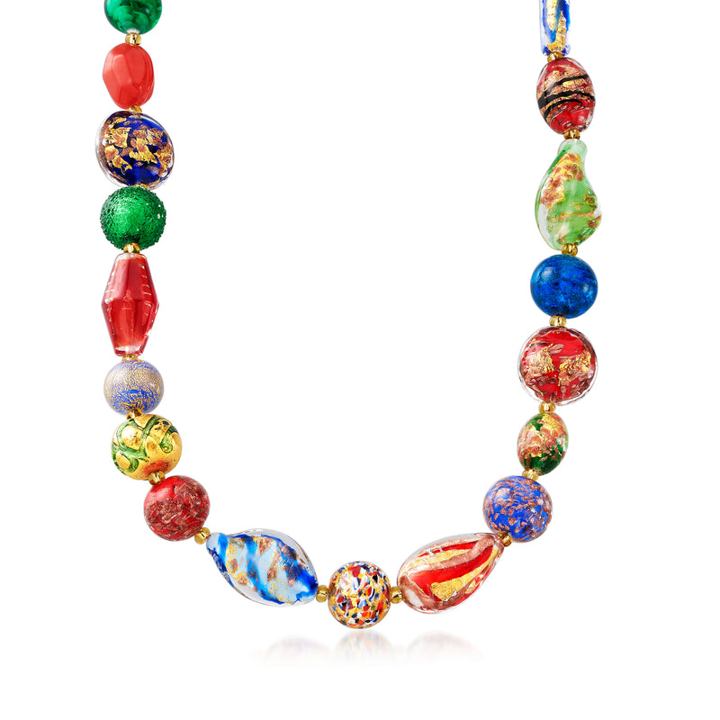 Multicolored Murano glass bead necklace with gold-toned accents, round and teardrop beads