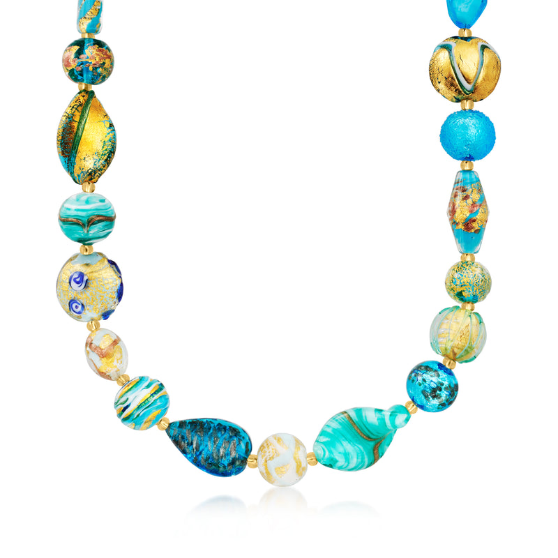 Multicolored Murano glass bead necklace with gold-toned links and teardrop turquoise beads