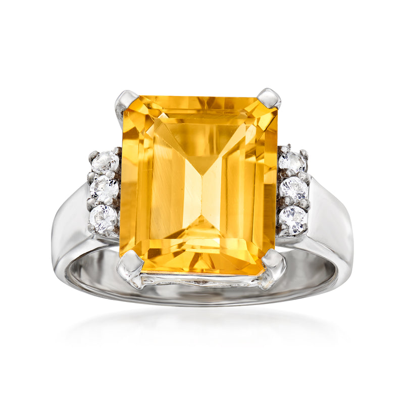 Sterling silver ring with square-cut citrine center stone and white topaz side accents
