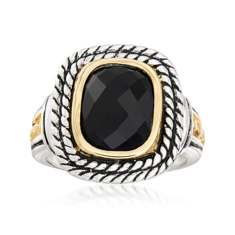 Oval onyx-style gemstone ring with braided silver setting and yellow gold bezel