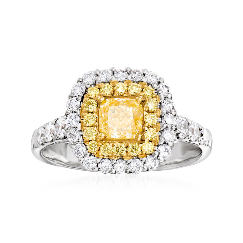 Two-tone gold diamond halo ring with cushion yellow center and white halo