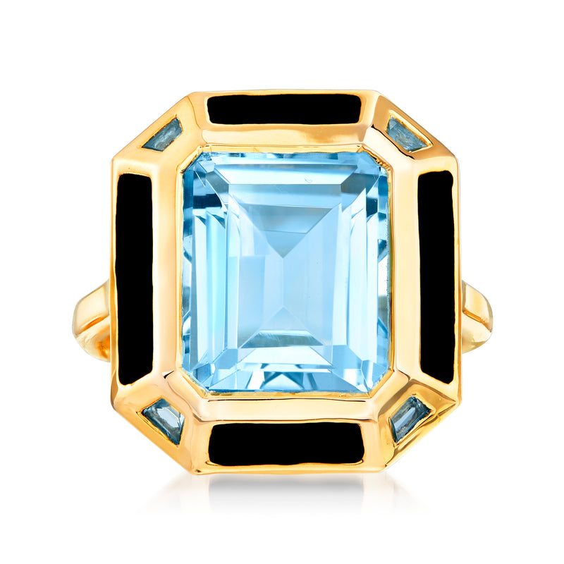 18kt gold over sterling ring with large sky and Swiss blue topaz and black enamel sides