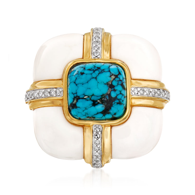 Gold ring with square turquoise cabochon and diamond side accents
