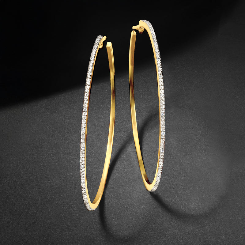 Diamond-lined gold hoop earrings, 18kt gold over sterling, pair shown