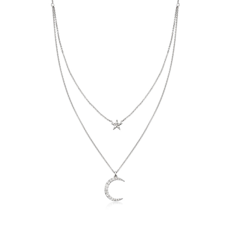 Sterling silver layered necklace with star and crescent moon diamond pendants