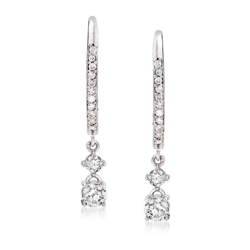 Diamond double-drop hoop earrings in 14kt white gold with row of round stones and two drops