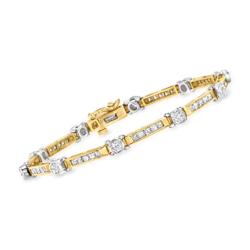 Two-tone 14kt gold diamond bar-link bracelet with baguette and round stones