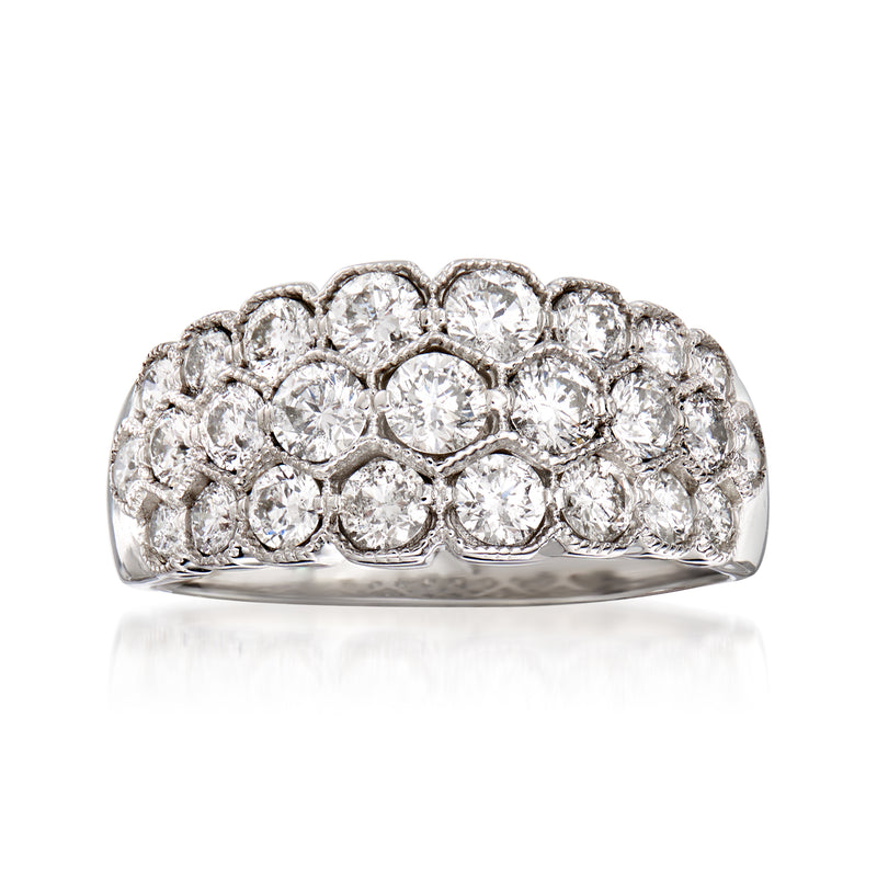 14kt white gold diamond multi-row band ring with round brilliant stones, full bezel settings