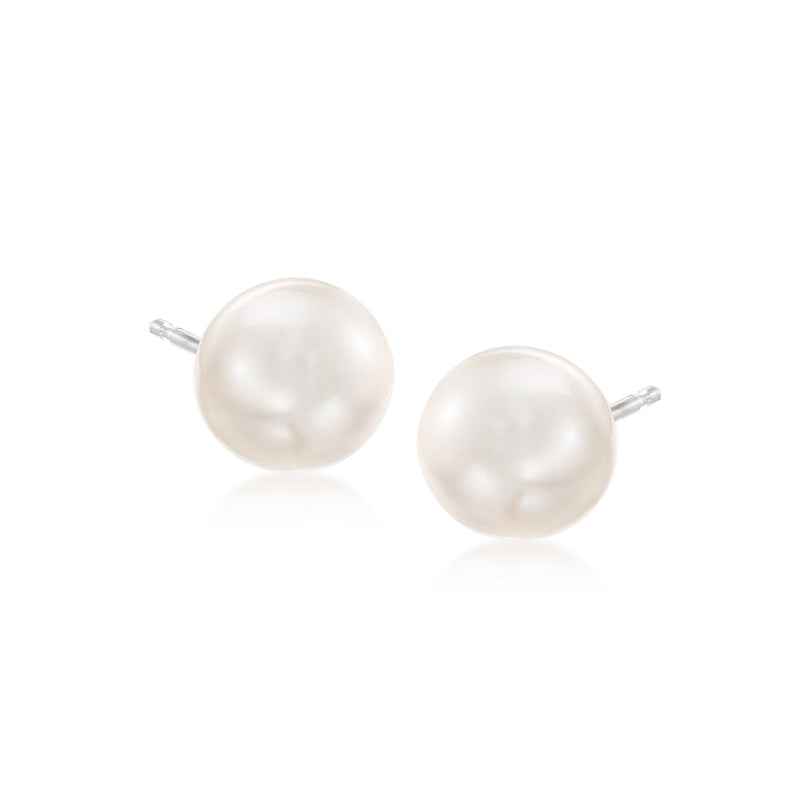 Cultured pearl stud earrings on sterling silver posts, round 7–7.5mm pearls