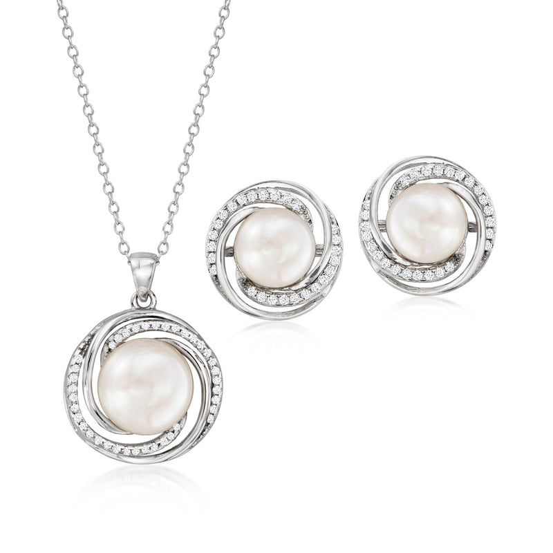 Sterling silver cultured pearl and CZ jewelry set with round halo pendant and studs