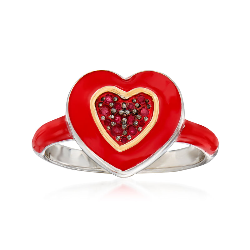 Red enamel heart ring with gemstone cluster, yellow gold outline, sterling silver band
