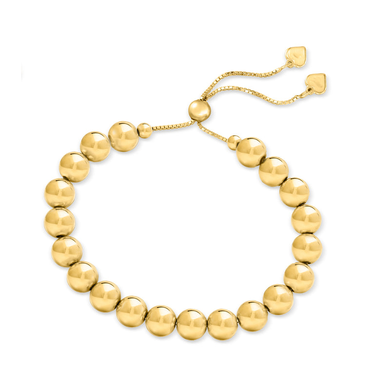 Gold bead bolo bracelet with round polished beads and square clasp adjuster.