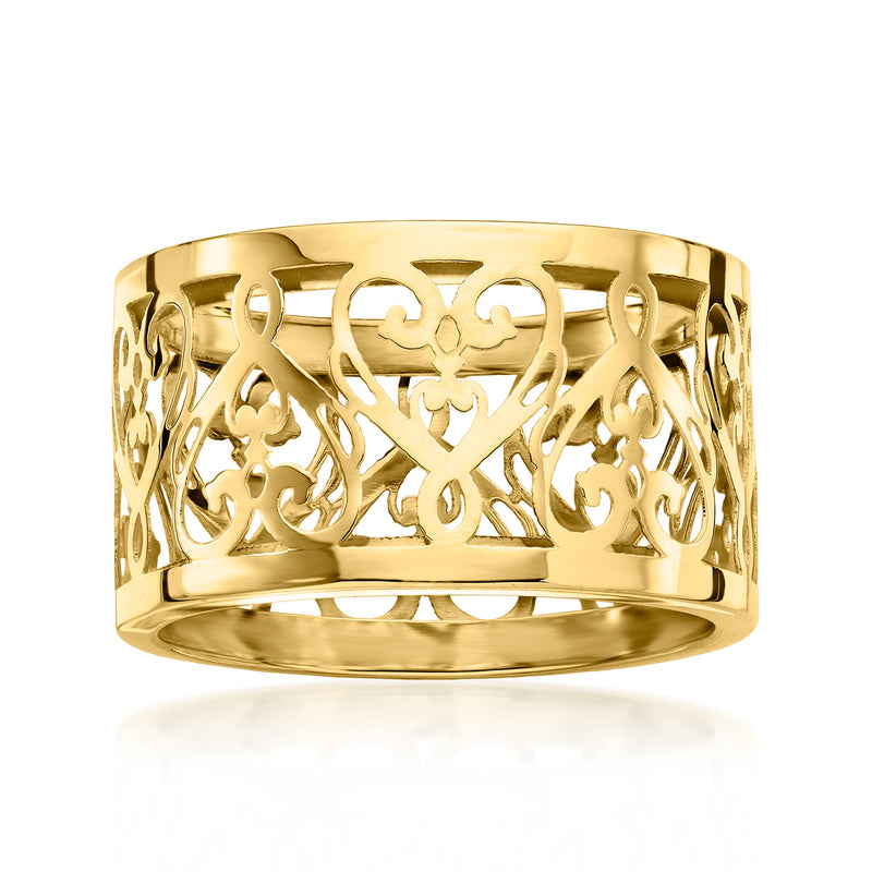 Yellow gold filigree heart band ring with openwork floral scroll details.