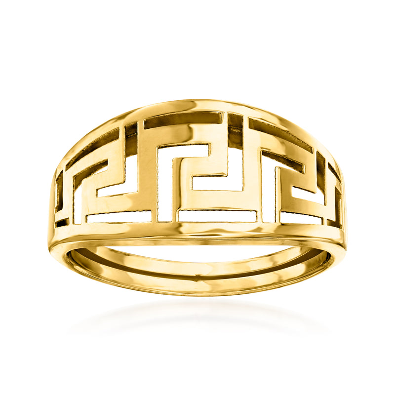 14kt yellow gold Greek key band ring with raised geometric pattern