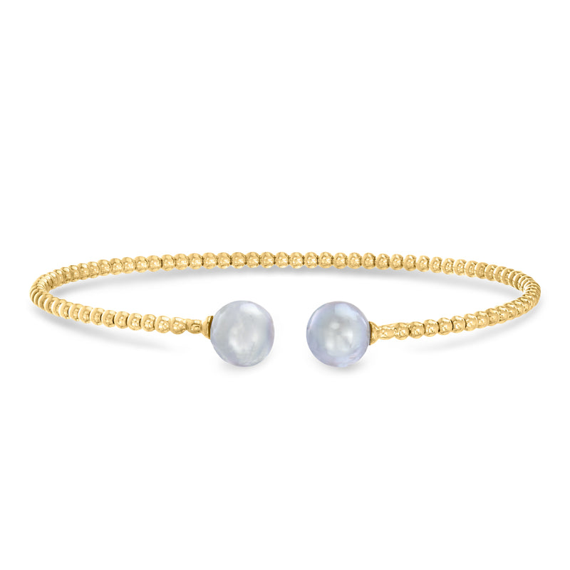 14kt yellow gold cuff bracelet with two gray cultured pearl drops