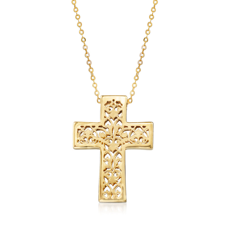 Yellow gold scrollwork cross pendant necklace on a chain