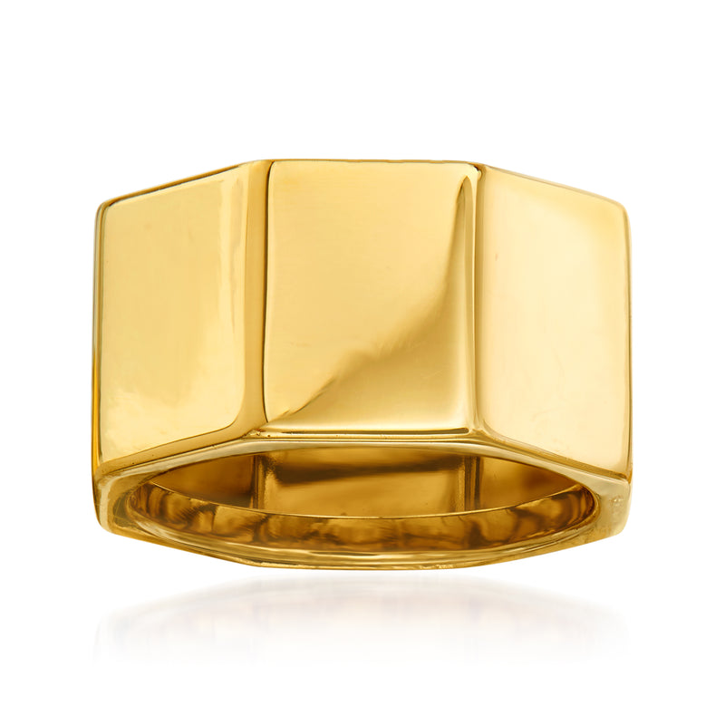 14kt yellow gold geometric ring with raised rectangular panels, polished finish.