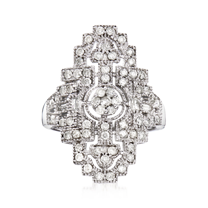 Sterling silver Art Deco diamond cluster ring with round pave stones and central round diamond