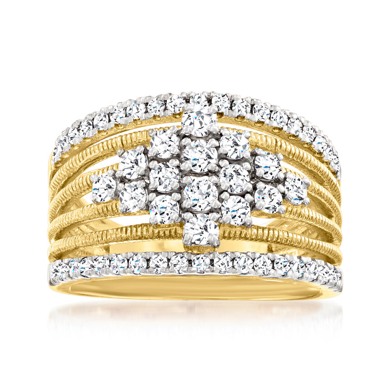 Gold diamond cluster multi-row ring with bright round stones, center halo